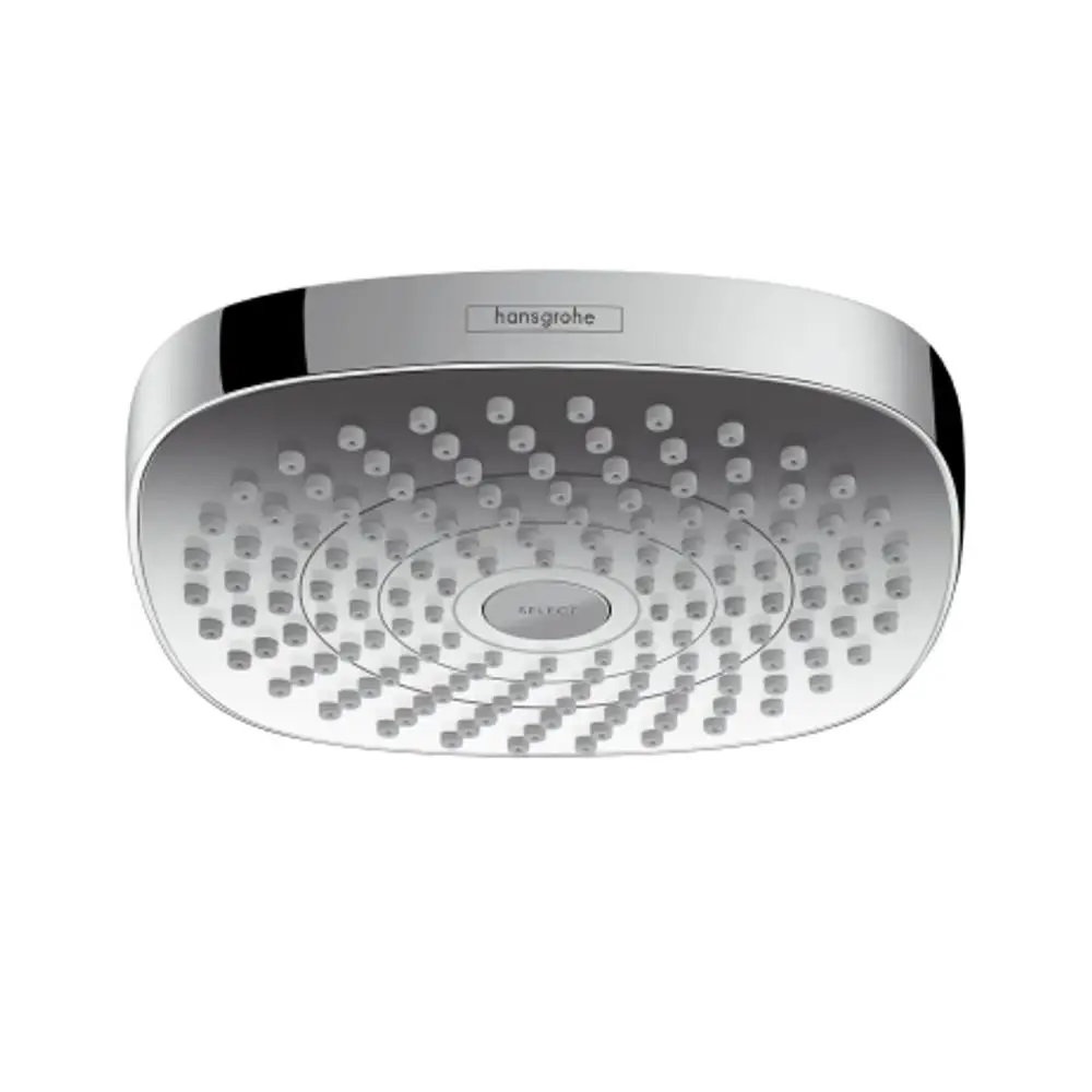 Kopfbrause mit flacher, quadratischer Form und mehreren Wasserstrahldüsen in Chromoptik von Hansgrohe. Design mit zentralem Steuerknopf zur Wahl der Strahlarten.